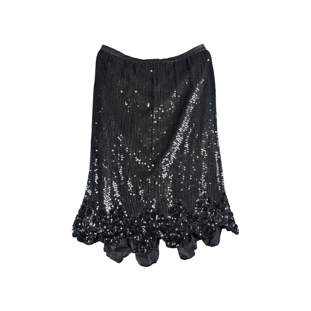 Sweelo Black Silk Sequin Midi Skirt Floral‎ Scalloped Hem Elastic Waist Small